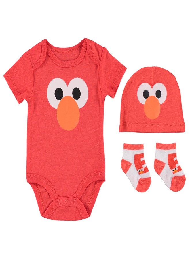 Happy Threads طقم هدايا بيبي إلمو من شارع السمسم، طقم ملابس بيبي 3 قطع، بدلة وقبعة وجوارب، (أحمر، 0-3 أشهر) - Image 1