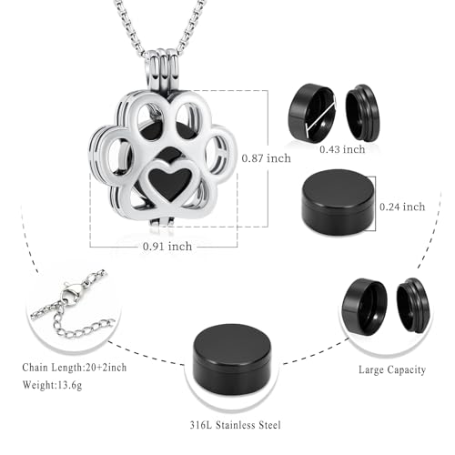 Oinsi Pet Cremation Jewelry For Ashes For Dog/Cat Paw Stainless Steel Memorial Locket Urn Necklace Inside Mini Case Keepsake Cremation Jewelry Women Men (Silver With black) - Image 2