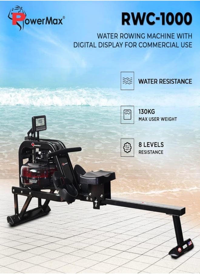 PowerMax Fitness - Fitness® Rwc-1000 Water Rowing Machine With Digital Display For Commercial Use,8 Levels Of Water Resistance,Maximum User Weigh Is 135Kg Of Rower - Image 1