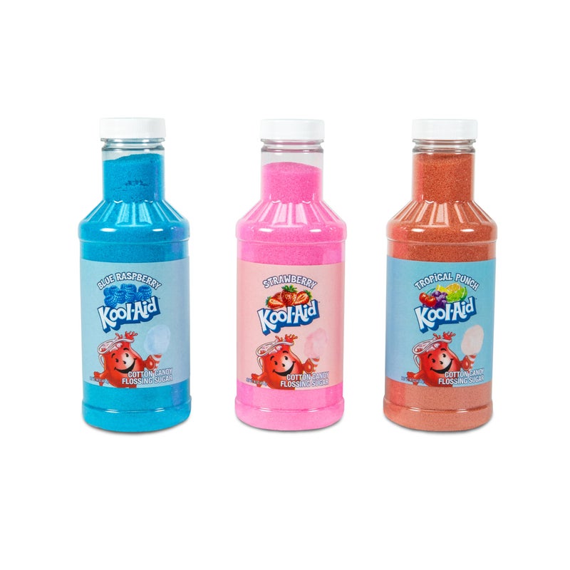 Nostalgia KoolAid Flossing Party Kit 3Pack  Blue Raspberry Strawberry Tropical Punch  3 16oz Bottles of Cotton Candy Sugar Mix  96 Small to Medium Cone Servings 16 Ounces