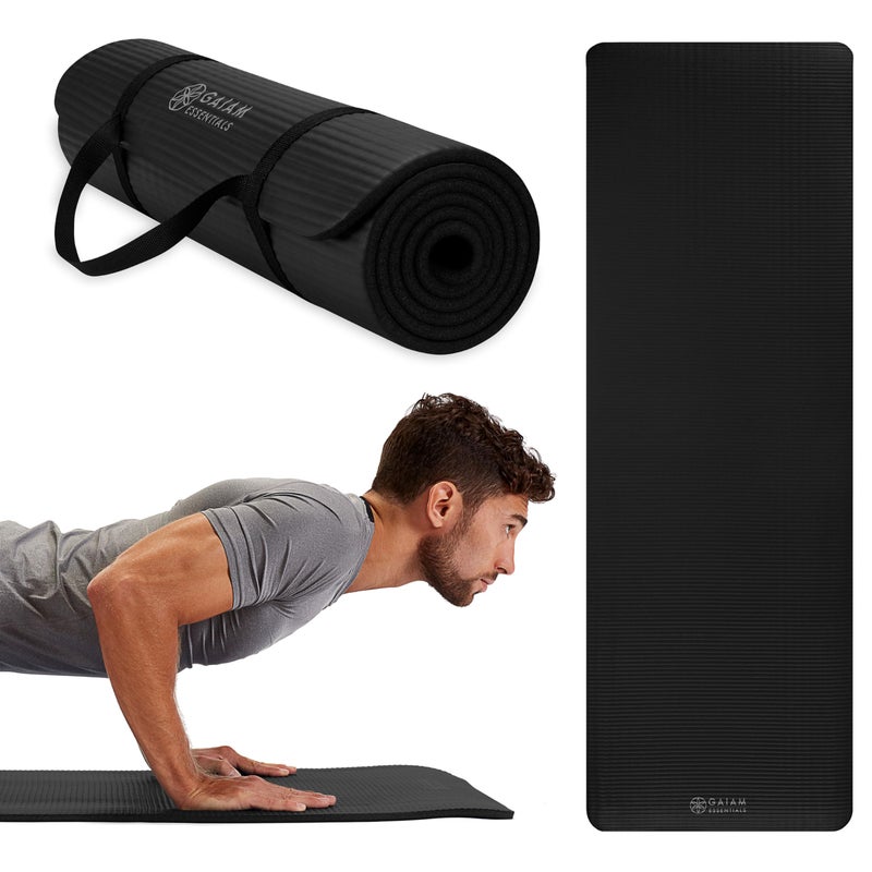 Gaiam Essentials Thick Yoga Mat Fitness Exercise Mat with EasyCinch Carrier Strap Black 72L X 24W X 25 Inch Thick