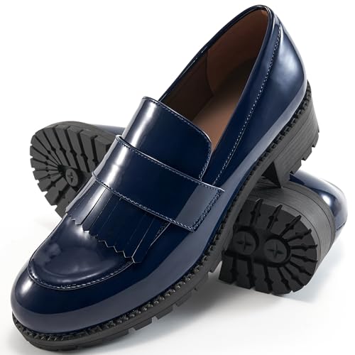 Ecetana Womens Loafers Platform Chunky Penny Lug Sole Comfort Slip on Casual Fashion Business Work Shoes Dark Blue - Image 1