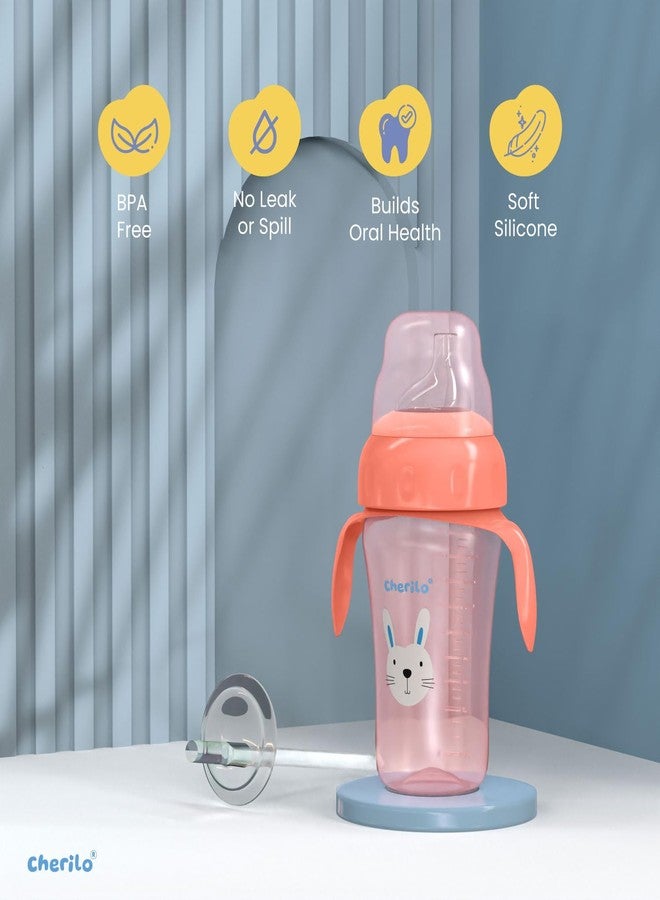 Cherilo زجاجة ماء للأطفال من شيريلو بتصميم الأرنب الصغير، مزودة بفوهة وماصة سيليكون مع مقبض، مانعة للانسكاب، مناسبة للأطفال من عمر 6 إلى 12 شهرًا، غير سامة، خالية من مادة BPA، لون وردي، سعة 300 مل، مناسبة للأطفال من عمر 6 أشهر فما فوق. - Image 3