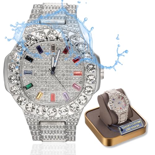 Halukakah Moissanite Diamond Gold Watch for MenLuxury Platinum White Gold PlatedBasic WaterproofExtra Big Diamonds Set Dial with Multicolour Square GemsIced Out95 WristbandGiftbox Included - Image 1