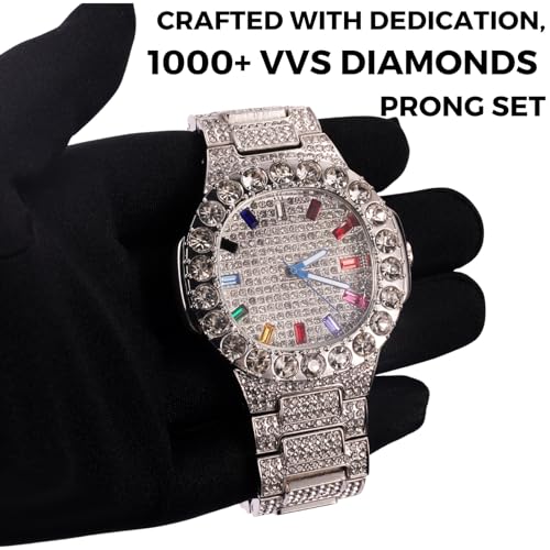 Halukakah Moissanite Diamond Gold Watch for MenLuxury Platinum White Gold PlatedBasic WaterproofExtra Big Diamonds Set Dial with Multicolour Square GemsIced Out95 WristbandGiftbox Included - Image 3