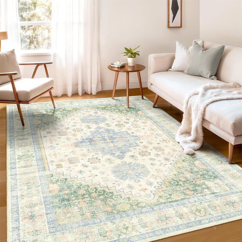 MUJOO 5x7 Area Rugs Washable,Boho Rug for Living Room Bedroom Dining Room Office,Large Throw Carpet,Non Slip Big Soft Indoor Low Pile Light Green and Blue - Image 2