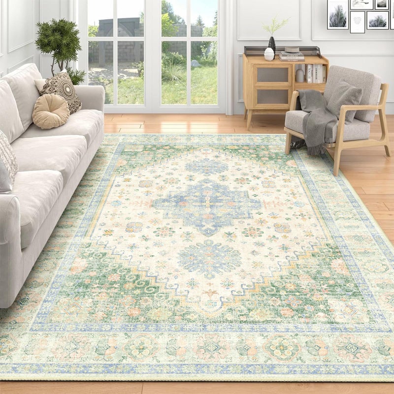 MUJOO 5x7 Area Rugs Washable,Boho Rug for Living Room Bedroom Dining Room Office,Large Throw Carpet,Non Slip Big Soft Indoor Low Pile Light Green and Blue - Image 1