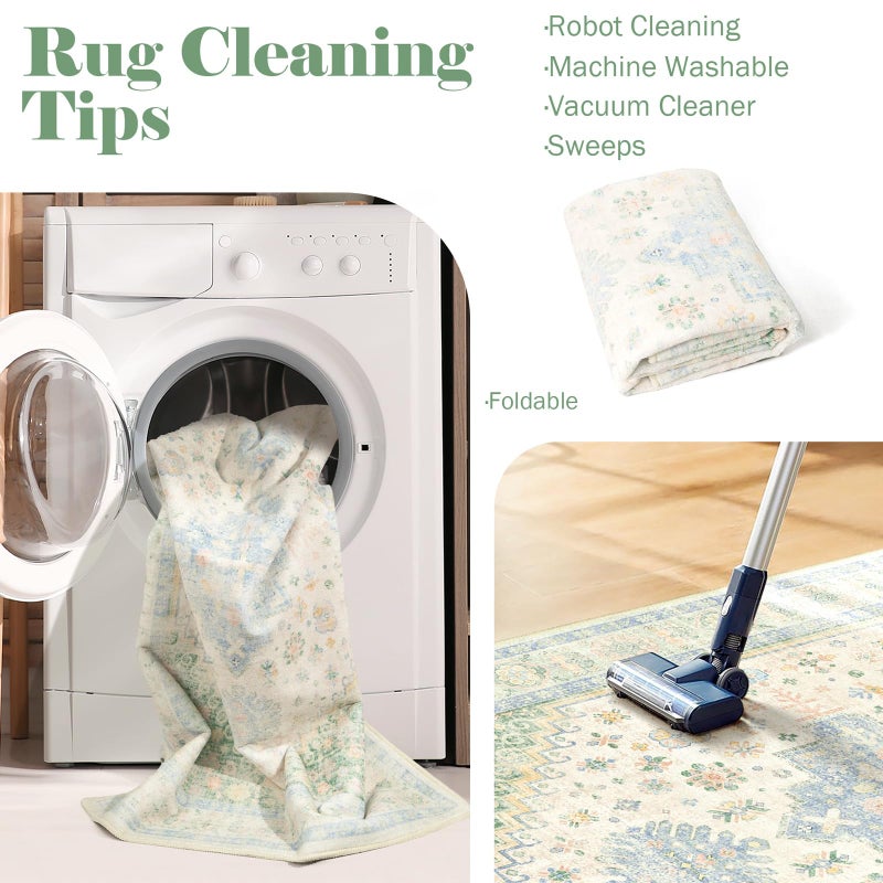 MUJOO 5x7 Area Rugs Washable,Boho Rug for Living Room Bedroom Dining Room Office,Large Throw Carpet,Non Slip Big Soft Indoor Low Pile Light Green and Blue - Image 4