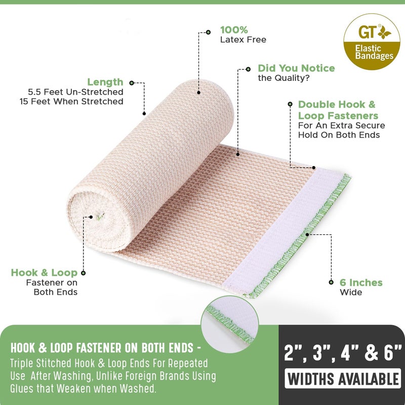 GT Premium Elastic Bandage Wrap (6" 4 Pack) - Hook & Loop Fasteners at Both Ends - Latex Free Hypoallergenic Compression Roll - Reusable Bandages for Waist, Legs, Elbow & Knee Wrap - Image 5