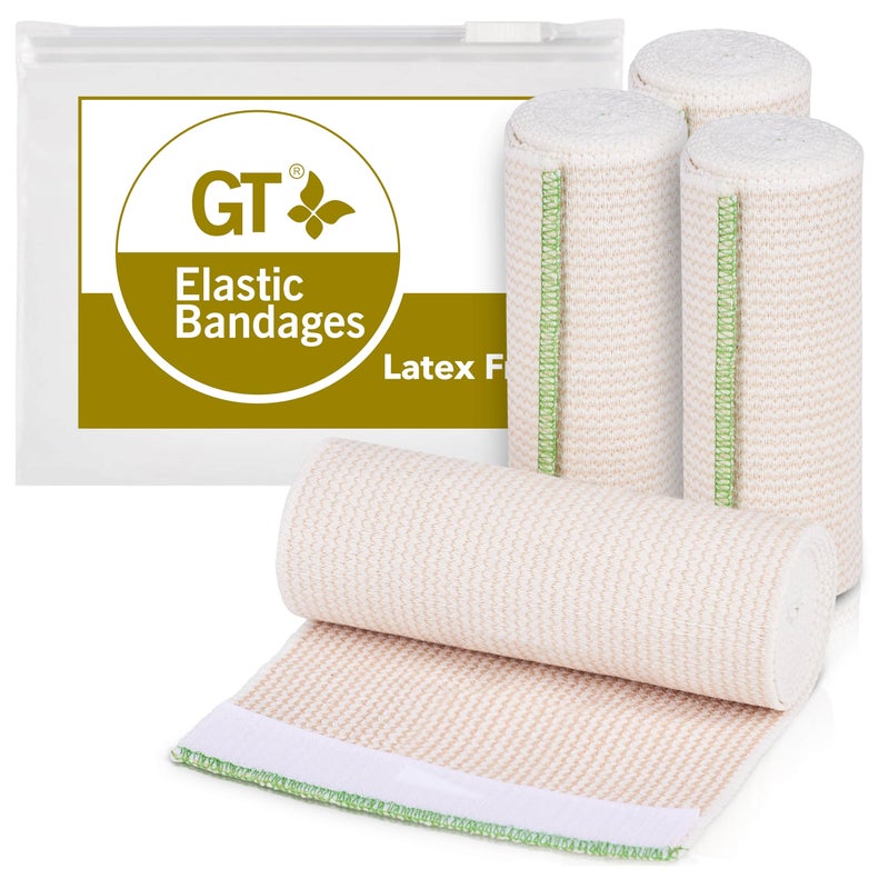 GT Premium Elastic Bandage Wrap (6" 4 Pack) - Hook & Loop Fasteners at Both Ends - Latex Free Hypoallergenic Compression Roll - Reusable Bandages for Waist, Legs, Elbow & Knee Wrap - Image 1