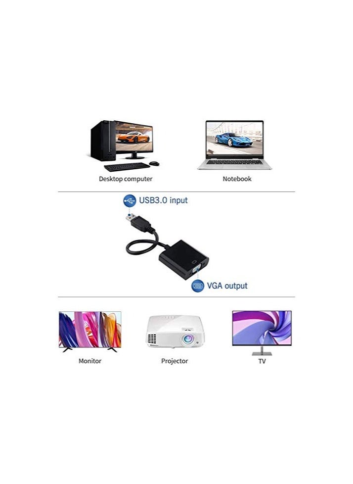 erorex - USB to VGA Adapter, USB 3.0/2.0 to VGA Male to Female Adapter, 1080P HD Multi-Display Video Converter, Support PC Laptop Windows 7/8/8.1/10, Desktop, Monitor, Projector, HDTV, Chromebook (Black) - Image 1
