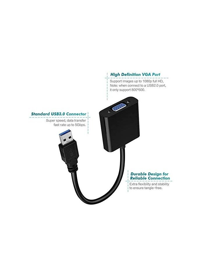 erorex - USB to VGA Adapter, USB 3.0/2.0 to VGA Male to Female Adapter, 1080P HD Multi-Display Video Converter, Support PC Laptop Windows 7/8/8.1/10, Desktop, Monitor, Projector, HDTV, Chromebook (Black) - Image 1