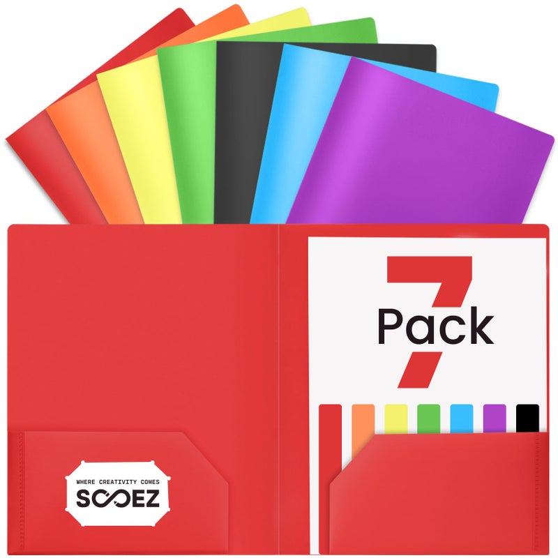 Sooez 7 Pack Folders with Pockets, 2 Pocket Folders with Extra Labels, Plastic Folder with Pockets, Heavy Duty File Folder Bulk, School Business Office Filing Supplies - Image 1