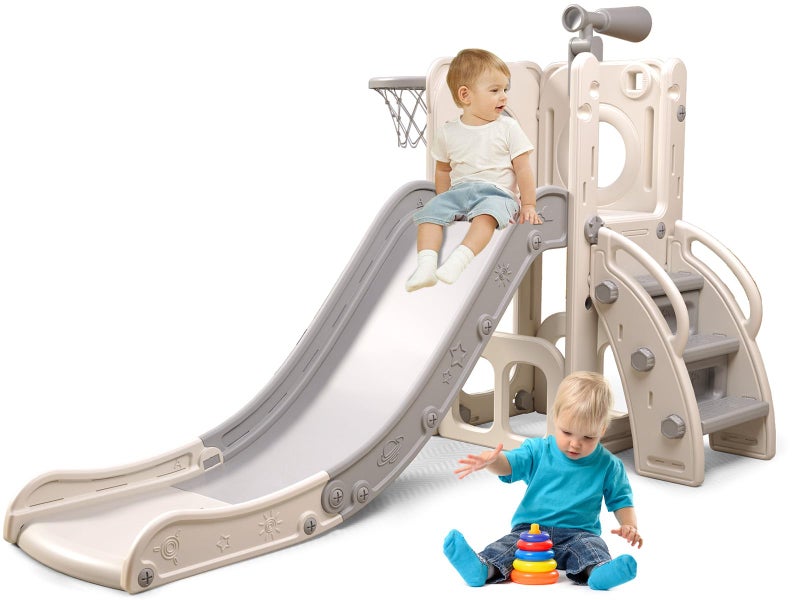 Baotree 6 in 1 Toddler Playset with Slide Kids Slide with Basketball Hoop Ball Ring Toss Indoor Outdoor Toys White Grey