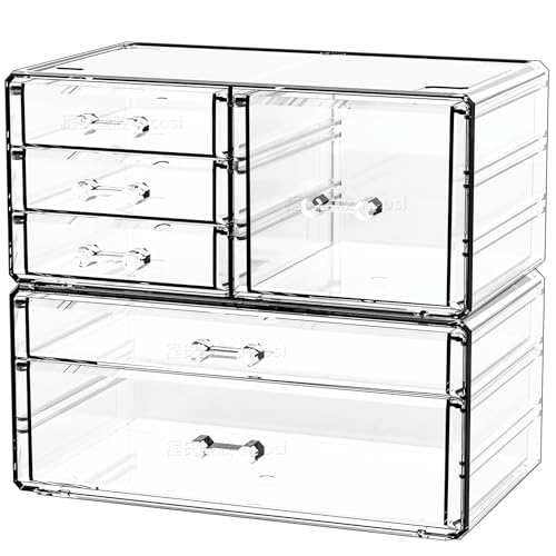Cq acrylic 2 Pack Clear Desk Organizer With Drawers,Stackable 6 Drawers Skincare Organizer,Cute Skin Care Organizers for Vanity Hair Clip,Jewelry,Beauty Product Desk and Makeup Organizers Countertop - Image 1