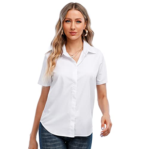 SUNNOW Women's Classic Fit Wrinkle Free Short Sleeve Basic Button Down Shirt Formal Work Office Shirt (M,White) - Image 1