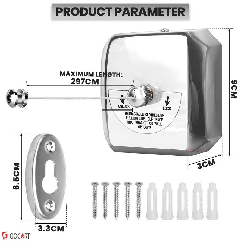 GOCART WITH G LOGO GOCART WITH G LOGO Stainless Steel Retractable Cloth Line Adjustable Lockable Hanging Washing Line Square - Image 2