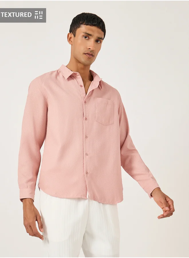 ستايلي Textured Spread Collar Regular Fit Shirt with Pocket Detail