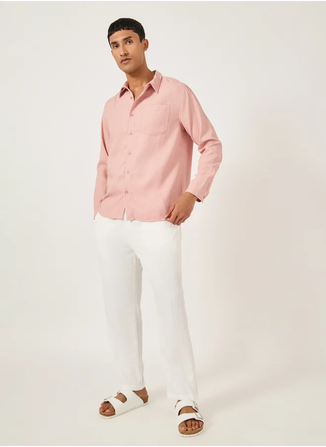 ستايلي Textured Spread Collar Regular Fit Shirt with Pocket Detail