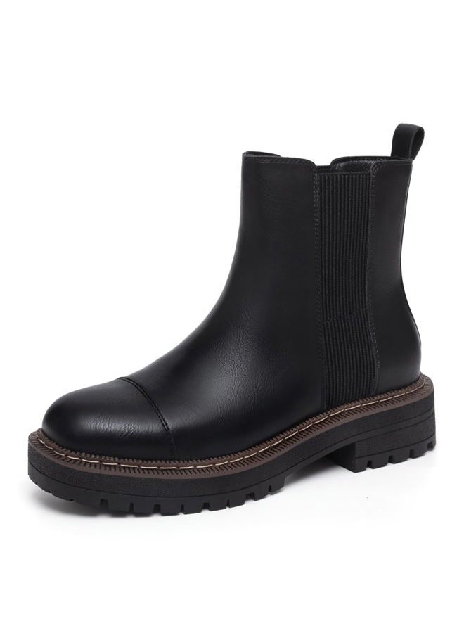 Athlefit Black Chelsea Ankle Boots for Women Platform Chunky Low Heel Boots Slip On Fashion Elastic Lug Sole Booties Size 7 - Image 1