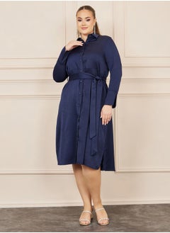 Styli Plus Satin Self Tie Up Shirt Midi Dress  - Image 1