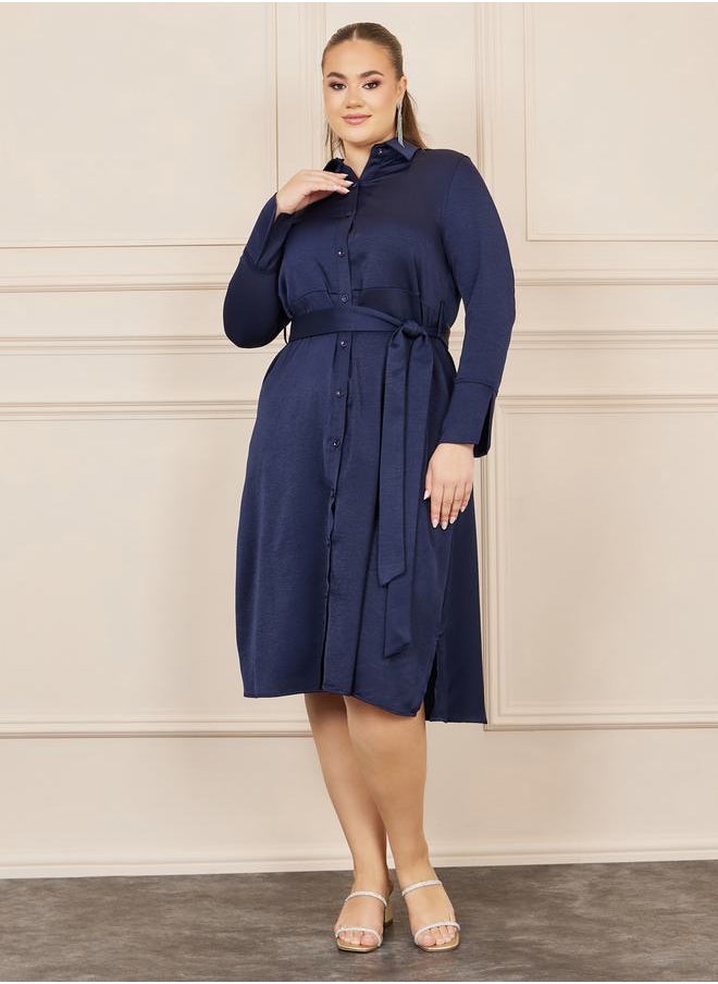 Styli - Plus Satin Self Tie Up Shirt Midi Dress - Image 1