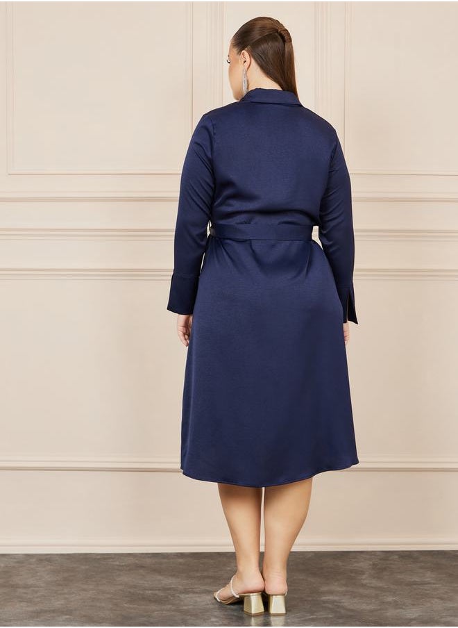 Styli - Plus Satin Self Tie Up Shirt Midi Dress - Image 1