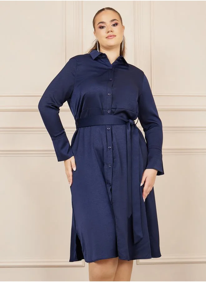 ستايلي Plus Satin Self Tie Up Shirt Midi Dress