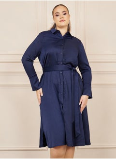 Styli Plus Satin Self Tie Up Shirt Midi Dress  - Image 2