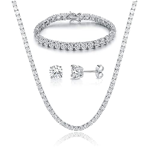 Gemsme 18K White Gold Plated Wedding Jewelry Set Tennis Necklace/Bracelet/Earrings Sets Pack of 3 - Image 1