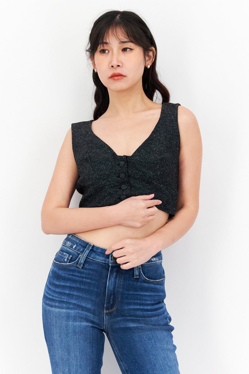 INC Jeannie Mai x INC Women V Neck Long Sleeves Heather Crop Top Vest, Dark Grey - Image 1