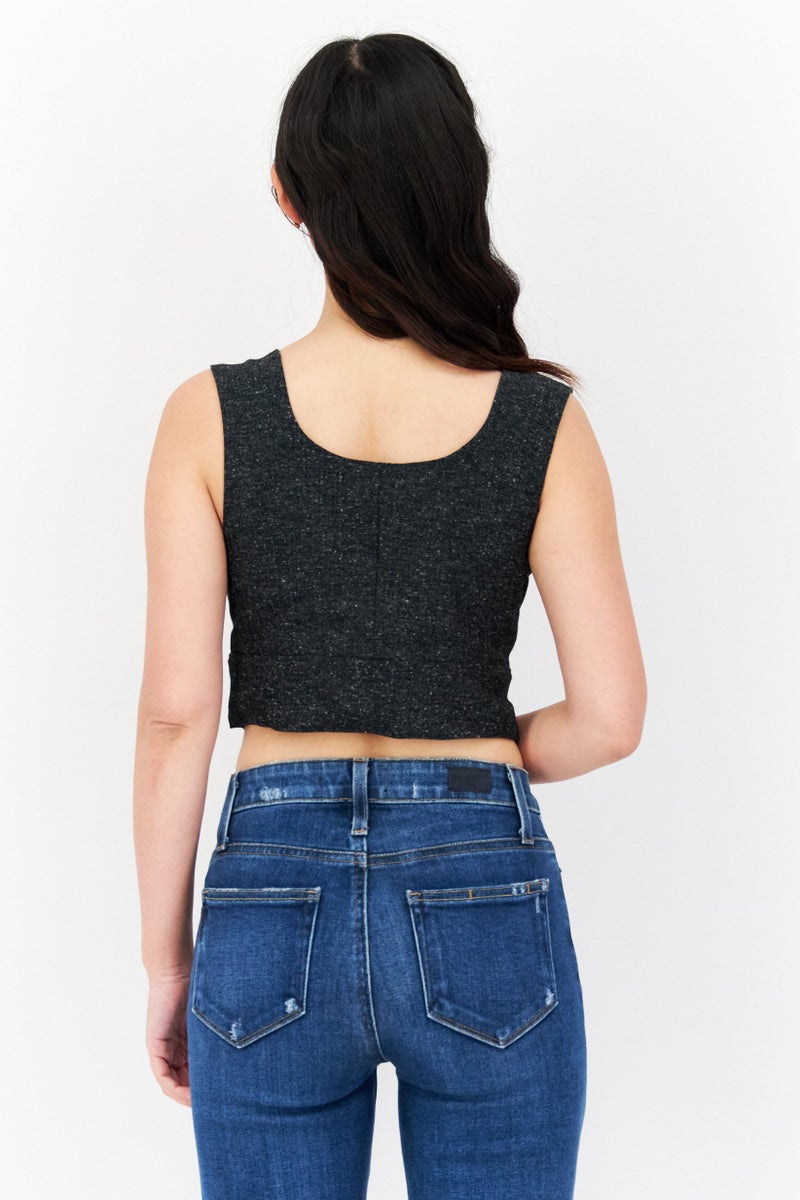 INC Jeannie Mai x INC Women V Neck Long Sleeves Heather Crop Top Vest, Dark Grey - Image 3