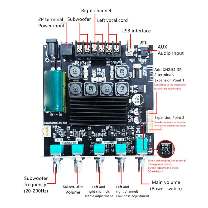 لوحة مكبر صوت 2.1 قناة TPA3116D2 مع إدخال AUX USB لمسرح منزلي وصوت السيارة - Image 5