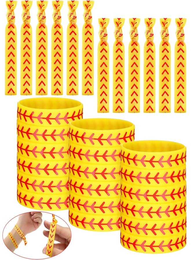 Dingion 48 Pieces Softball Accessories Set Includes 24 Softball Bracelets Wristband Silicone Bracelet 24 Hair Ties Sports Elastic Headband for Player and Teams - Image 1