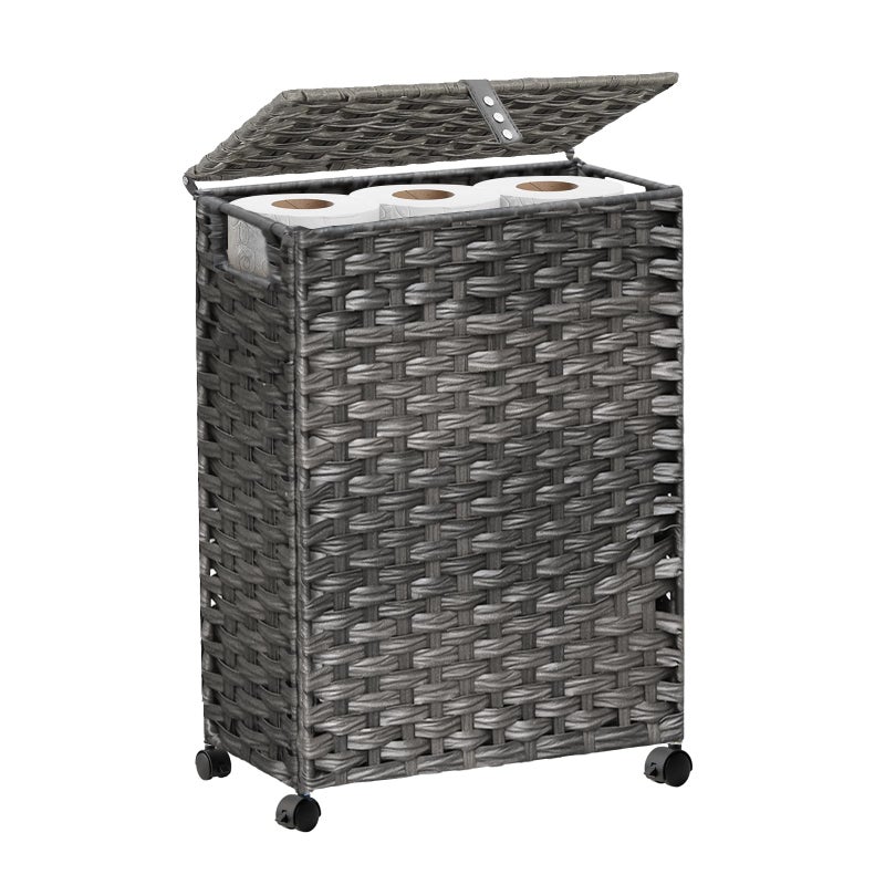 Hiagnete Toilet Paper Storage Basket with Lid and Wheels, Rattan Toilet Paper Holder Storage, Toilet Paper Organizer for Bathroom, Bedroom, Kitchen, 12.6”L x 7.1”W x 17.14”H, Grey - Image 1