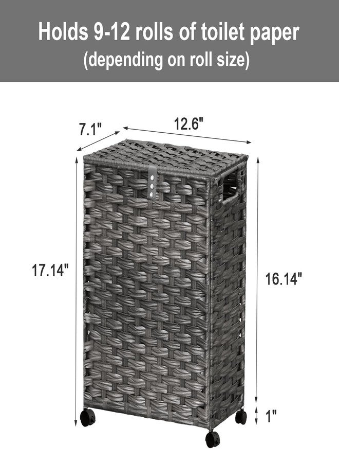 Hiagnete Toilet Paper Storage Basket with Lid and Wheels, Rattan Toilet Paper Holder Storage, Toilet Paper Organizer for Bathroom, Bedroom, Kitchen, 12.6”L x 7.1”W x 17.14”H, Grey - Image 4
