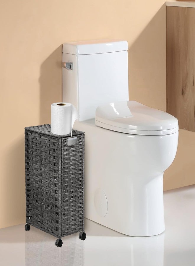 Hiagnete Toilet Paper Storage Basket with Lid and Wheels, Rattan Toilet Paper Holder Storage, Toilet Paper Organizer for Bathroom, Bedroom, Kitchen, 12.6”L x 7.1”W x 17.14”H, Grey - Image 2