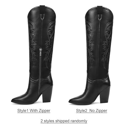 ISNOM Black Cowboy Boots for Women Cowgirl Western Boots Womens Knee High Cowboy Boot Tall Wide Calf Cowboy Boot - Image 2
