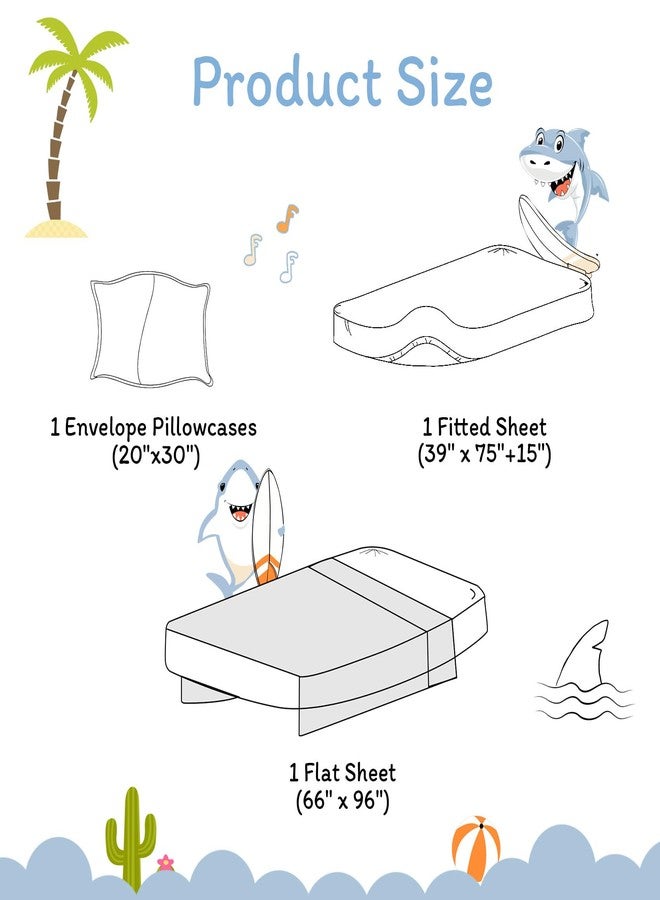JSD Blue Shark Surfing Kids Sheet Set Twin Size, 3 Piece Nautical Printed Microfiber Sheets Deep Pocket - Image 2