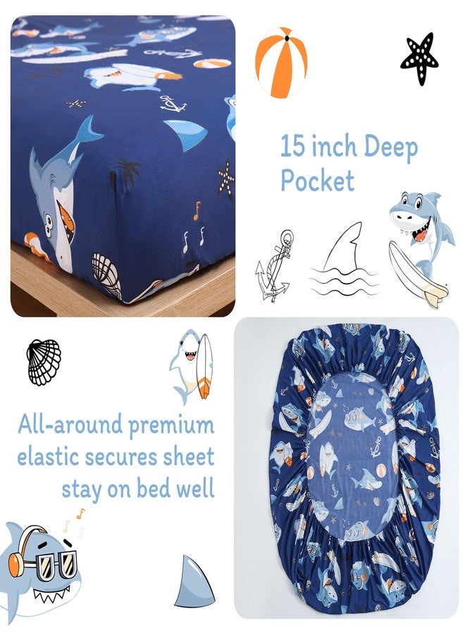 JSD Blue Shark Surfing Kids Sheet Set Twin Size, 3 Piece Nautical Printed Microfiber Sheets Deep Pocket - Image 3