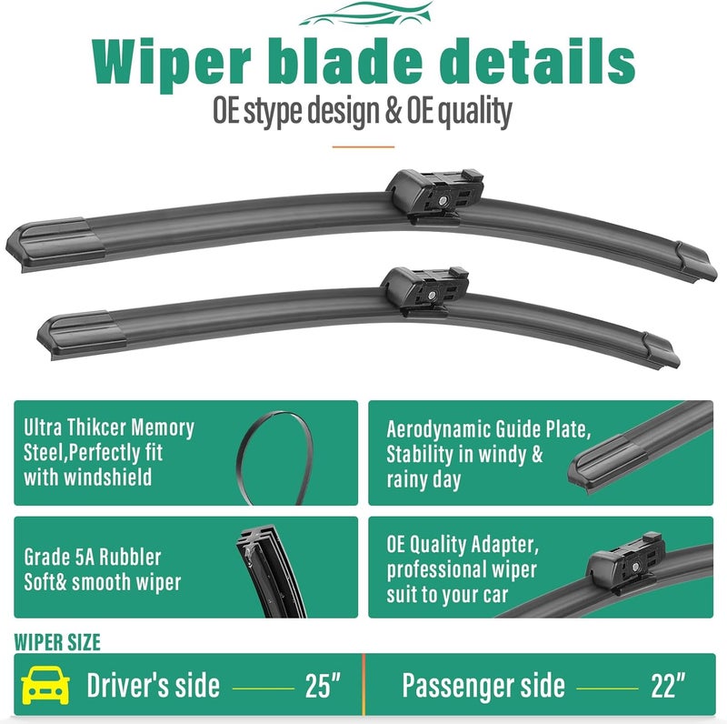 WINDSMILE 25" 22" 15" Windshield Wiper Blades Replacement for VW Volkswagen Tiguan 2018 2019 2020 2021 2022 2023 2024 2025 Premium All Weather Front Rear Wipers Set - OEM Quality (Pack of 3) - Image 3