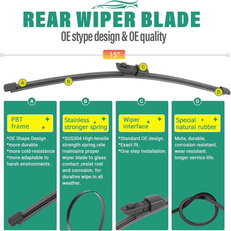 WINDSMILE 25" 22" 15" Windshield Wiper Blades Replacement for VW Volkswagen Tiguan 2018 2019 2020 2021 2022 2023 2024 2025 Premium All Weather Front Rear Wipers Set - OEM Quality (Pack of 3) - Image 4