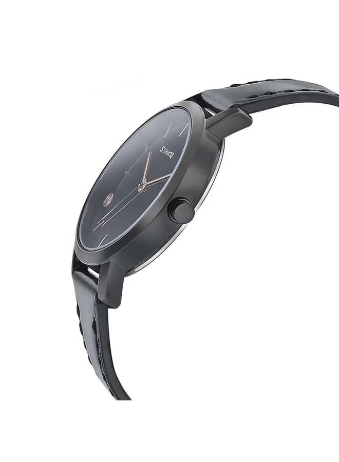 Sonata Women's Round Shape Leather Band Analog Wrist Watch 8164NL02 - 36 mm - Black
