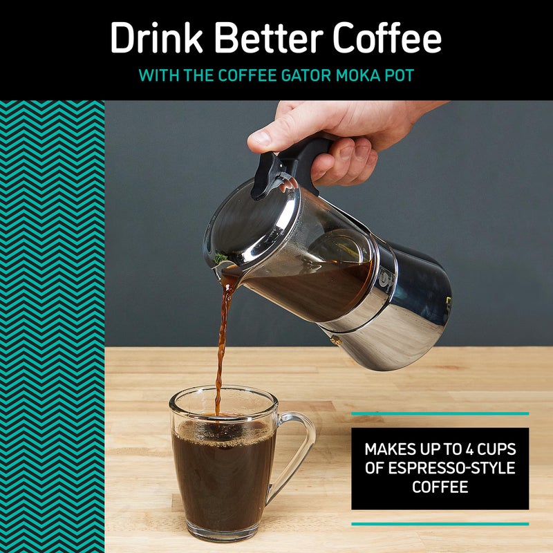 Coffee Gator 4 Cup Moka Pot, 6.7 Oz Stovetop Espresso Maker for Italian Coffee, Transparent Glass & Stainless Steel Design, Silver, 200ml - Image 2