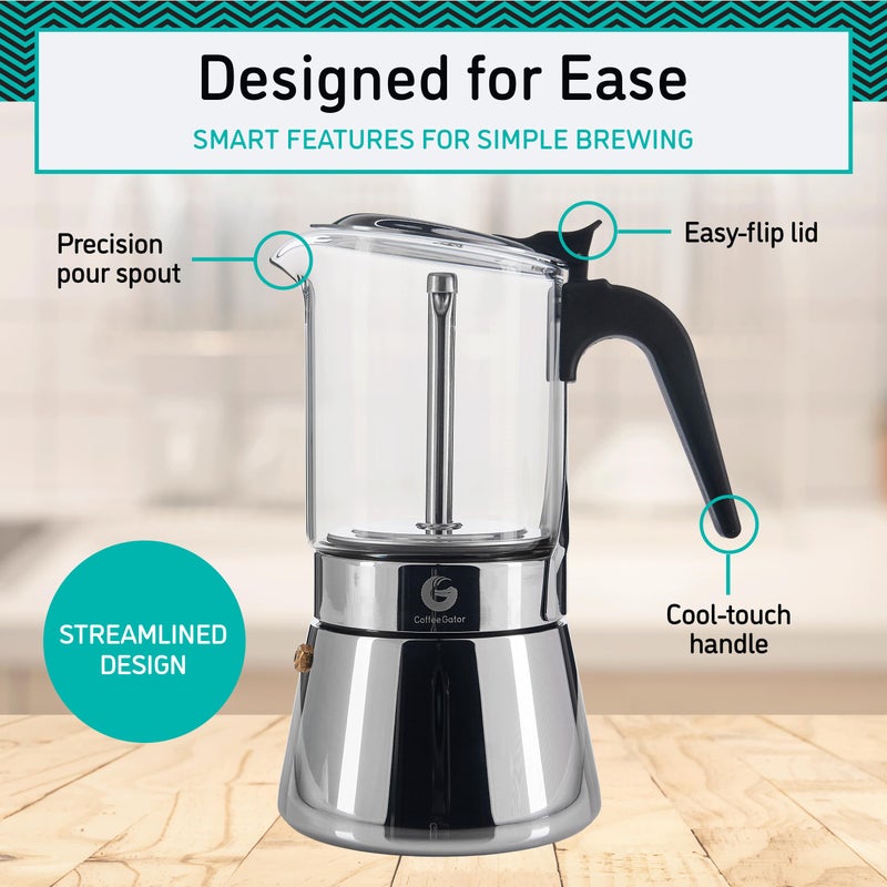 Coffee Gator 4 Cup Moka Pot, 6.7 Oz Stovetop Espresso Maker for Italian Coffee, Transparent Glass & Stainless Steel Design, Silver, 200ml - Image 3