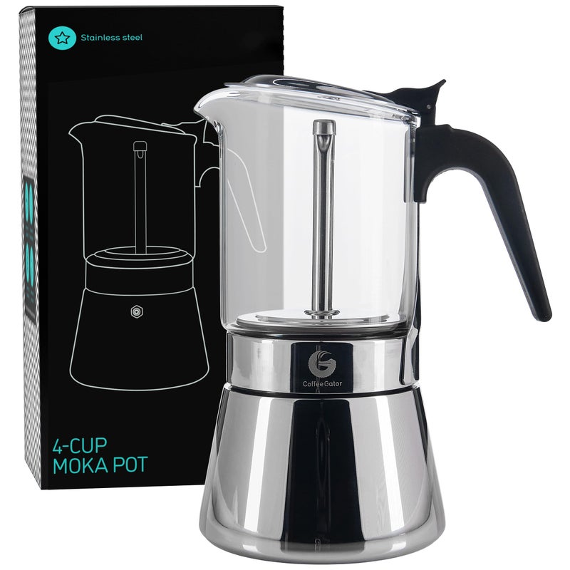 Coffee Gator 4 Cup Moka Pot, 6.7 Oz Stovetop Espresso Maker for Italian Coffee, Transparent Glass & Stainless Steel Design, Silver, 200ml - Image 1