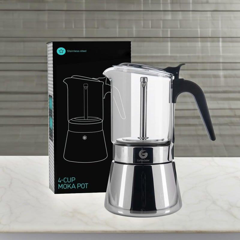 Coffee Gator 4 Cup Moka Pot, 6.7 Oz Stovetop Espresso Maker for Italian Coffee, Transparent Glass & Stainless Steel Design, Silver, 200ml - Image 5