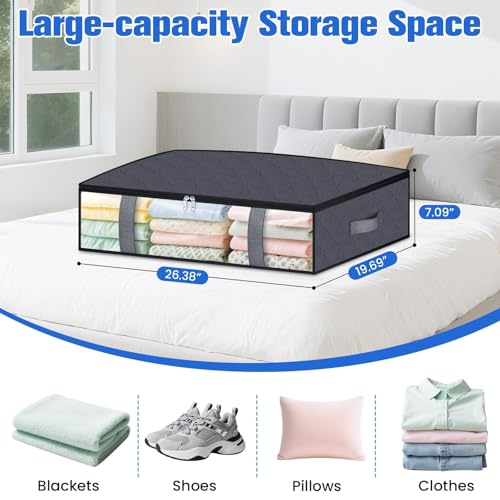 TasticTotes Under Bed Storage Containers, 4 Pack Blanket Storage Bags, Collapsible Storage Bags with Big Zippers, Clear Front, Shoe Storage and Organization for Clothes, Comforter, 60L, Grey - Image 2