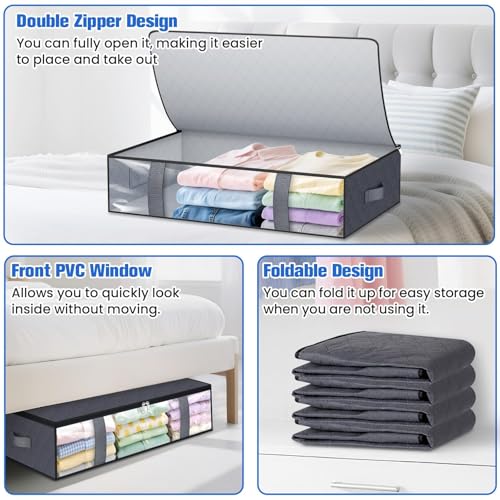 TasticTotes Under Bed Storage Containers, 4 Pack Blanket Storage Bags, Collapsible Storage Bags with Big Zippers, Clear Front, Shoe Storage and Organization for Clothes, Comforter, 60L, Grey - Image 4