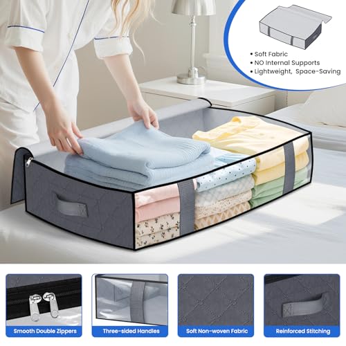 TasticTotes Under Bed Storage Containers, 4 Pack Blanket Storage Bags, Collapsible Storage Bags with Big Zippers, Clear Front, Shoe Storage and Organization for Clothes, Comforter, 60L, Grey - Image 3